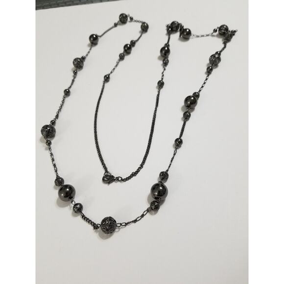 sixty inch black chain and metal beaded necklace n316* - Picture 3 of 12